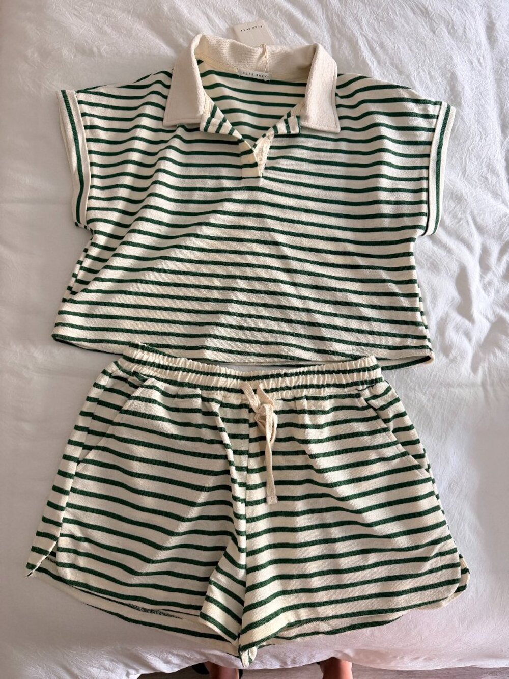 Elle Grey Striped Knit Polo & Shorts Loungewear Set - Green/Cream - L - NWT